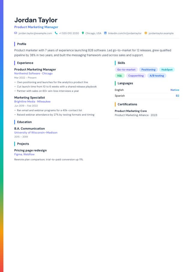 Aurora resume template filled with a sample product marketing manager resume