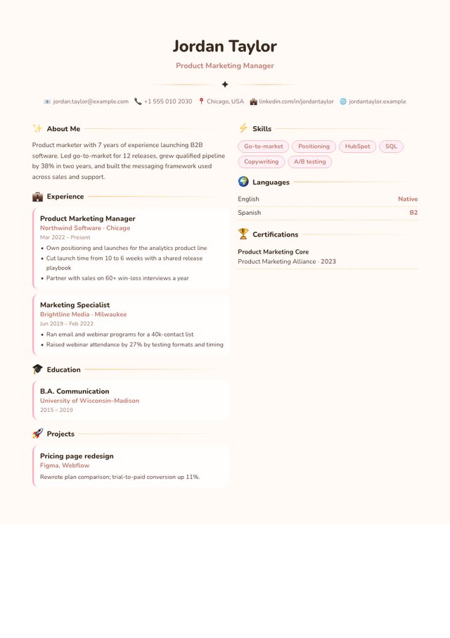 Bloom resume template filled with a sample product marketing manager resume
