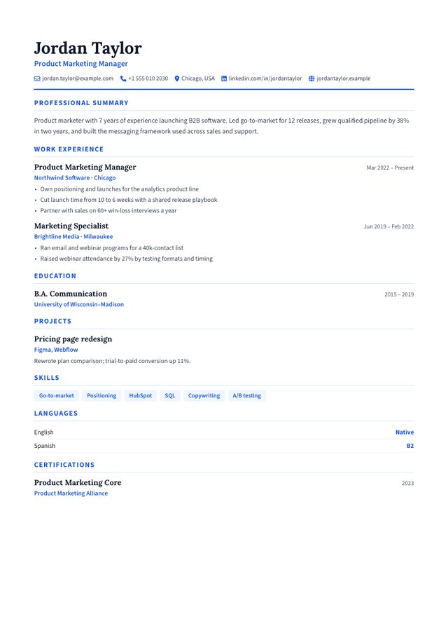 Classic resume template filled with a sample product marketing manager resume