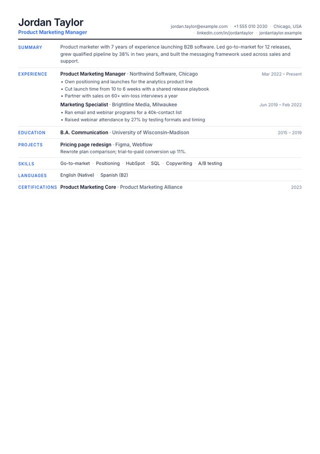 Compact resume template filled with a sample product marketing manager resume