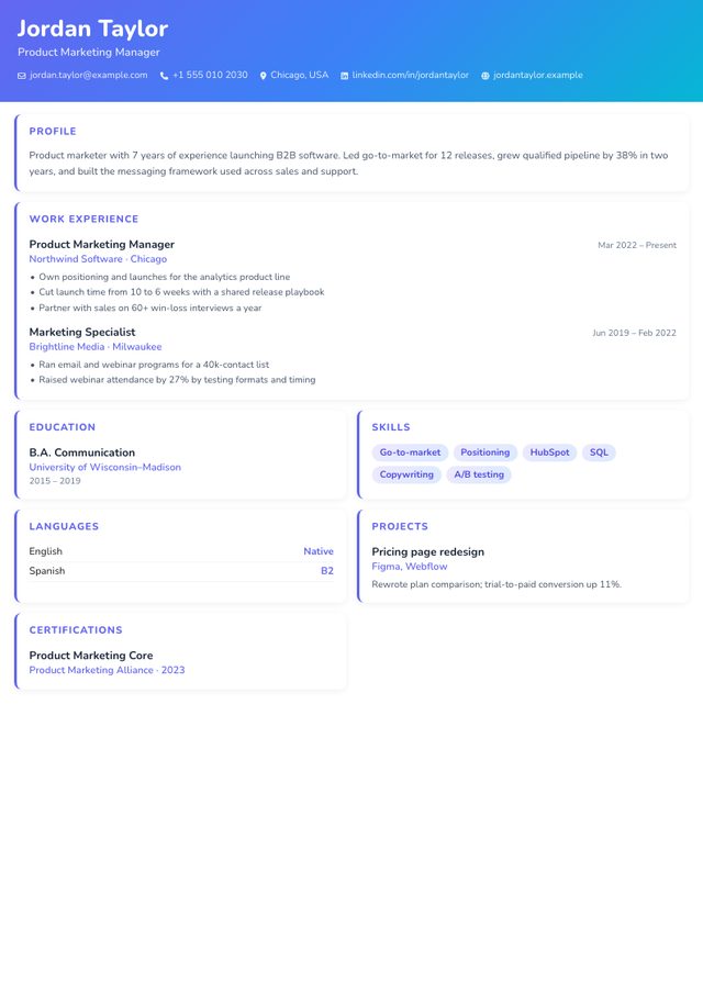 Creative resume template filled with a sample product marketing manager resume