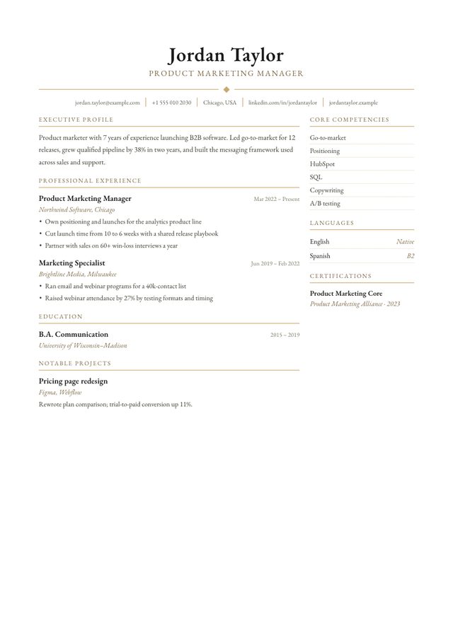 Executive resume template filled with a sample product marketing manager resume