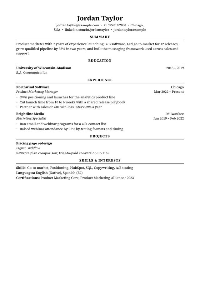 Harvard resume template filled with a sample product marketing manager resume