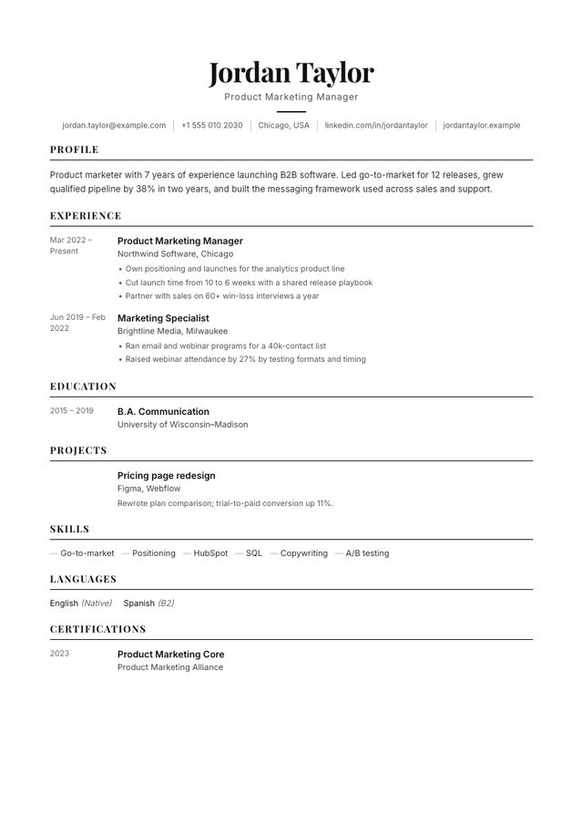 Minimalist resume template filled with a sample product marketing manager resume