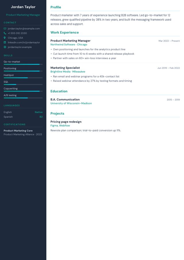 Modern resume template filled with a sample product marketing manager resume