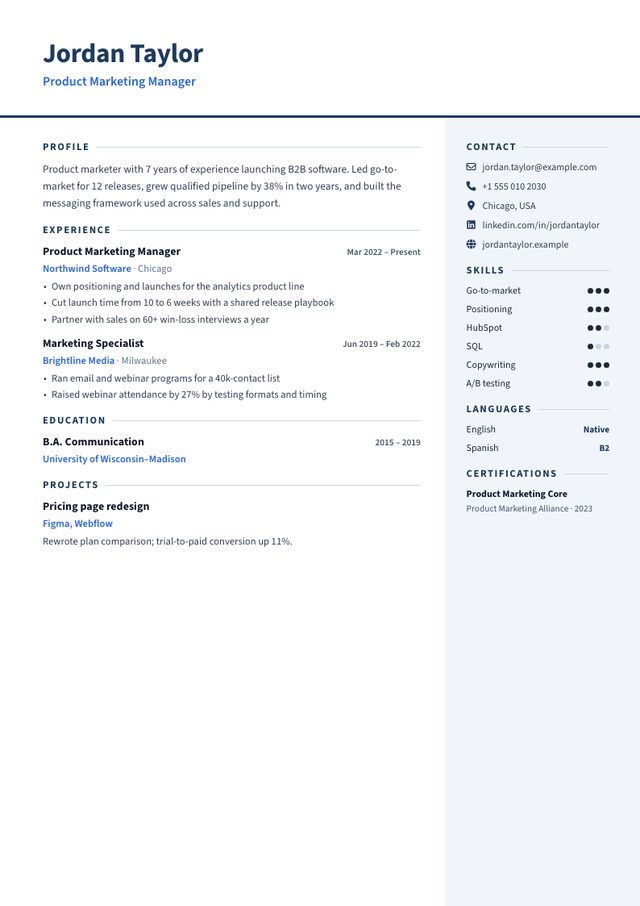 Professional resume template filled with a sample product marketing manager resume