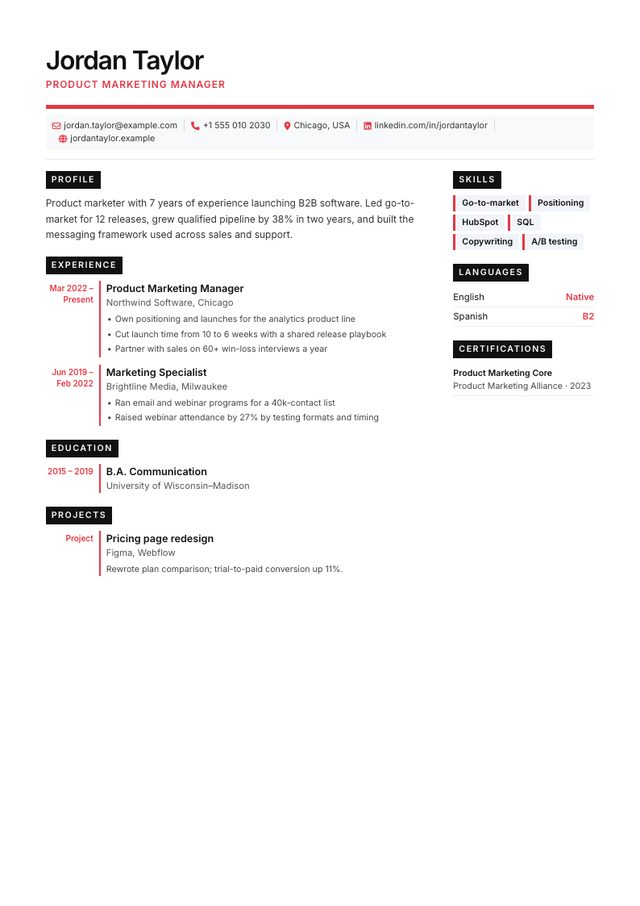 Swiss resume template filled with a sample product marketing manager resume