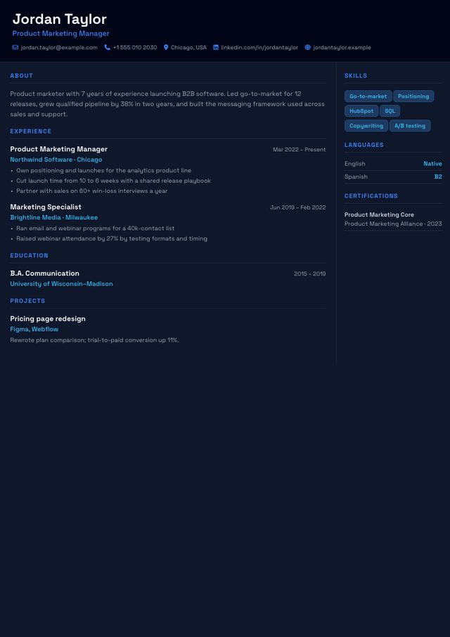 Tech / Dark resume template filled with a sample product marketing manager resume